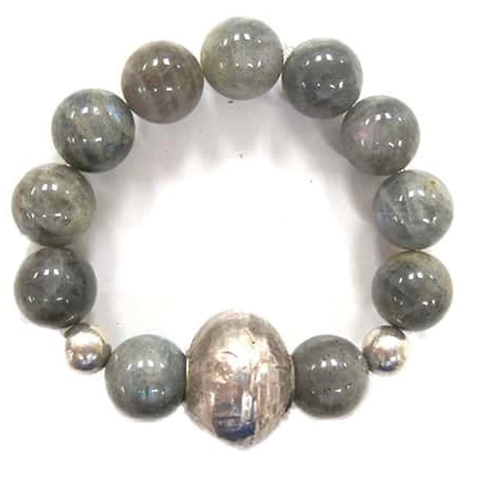 Genuine Polished Labradorite/Silver Bead Bracelet